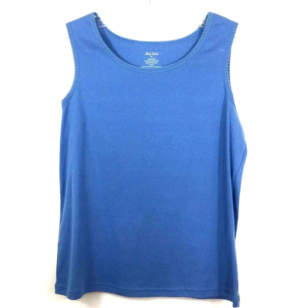 Studio Works 2Pc Shirt & Tank Petite Size PM Button Up Textured Blue Crinkle - Picture 5 of 7